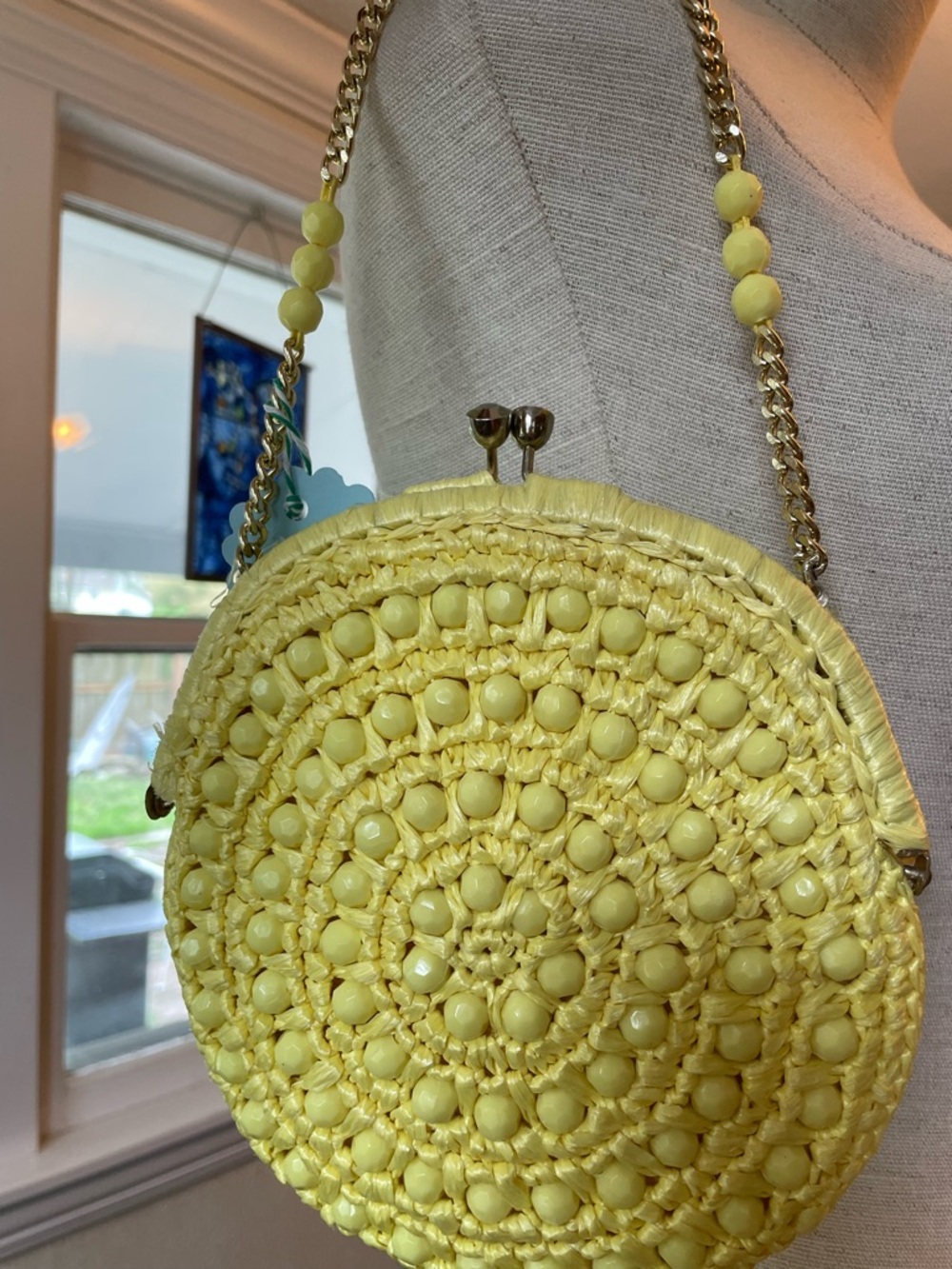 Yellow Round Beaded Woven Too Handle Bag by Marcus Brothers - Picture 3 of 6